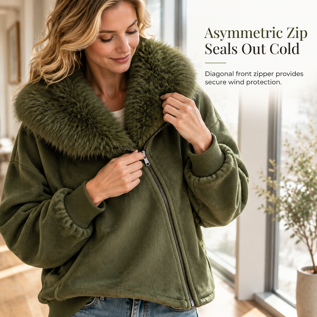 Manteau pour femme à la coupe ample, avec col en fausse fourrure moelleuse et fermeture éclair asymétrique