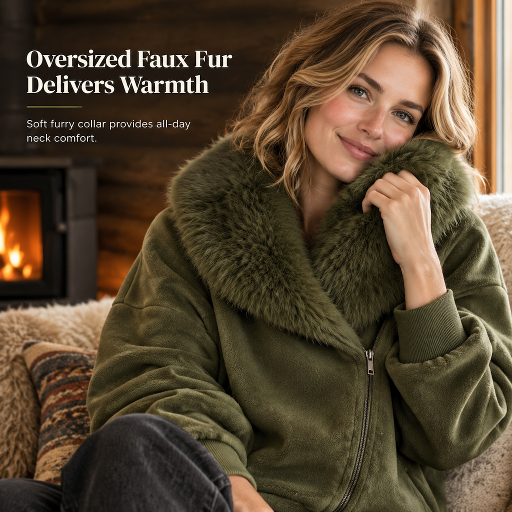 Manteau pour femme à la coupe ample, avec col en fausse fourrure moelleuse et fermeture éclair asymétrique