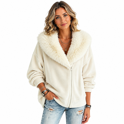 Manteau pour femme à la coupe ample, avec col en fausse fourrure moelleuse et fermeture éclair asymétrique