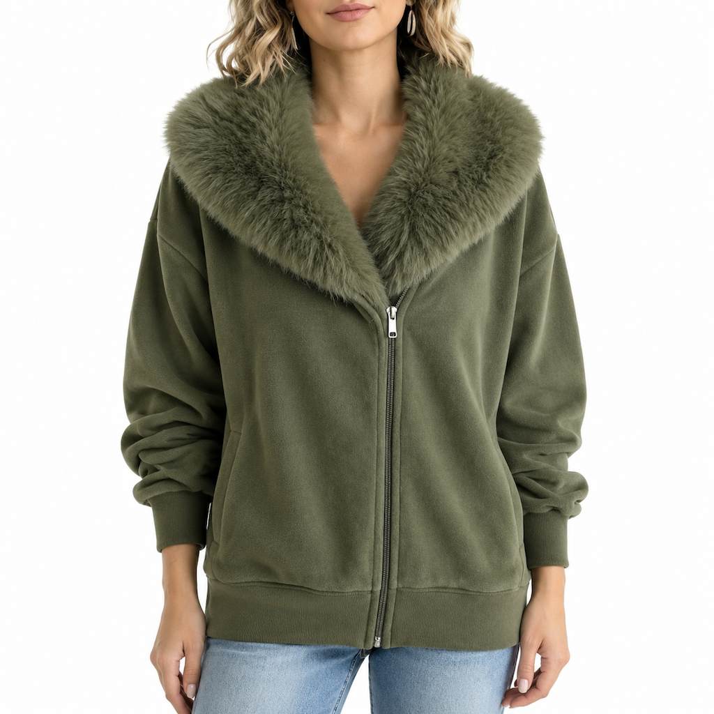 Manteau pour femme à la coupe ample, avec col en fausse fourrure moelleuse et fermeture éclair asymétrique