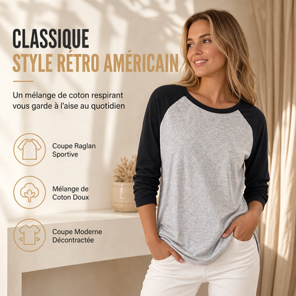 T-shirt décontracté à manches longues et col rond pour femme, haut à pull-over avec blocs de couleurs