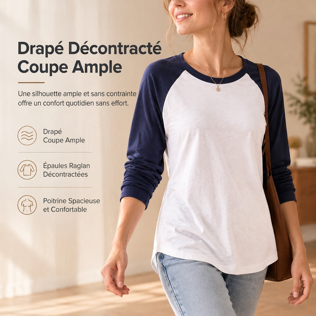 T-shirt décontracté à manches longues et col rond pour femme, haut à pull-over avec blocs de couleurs