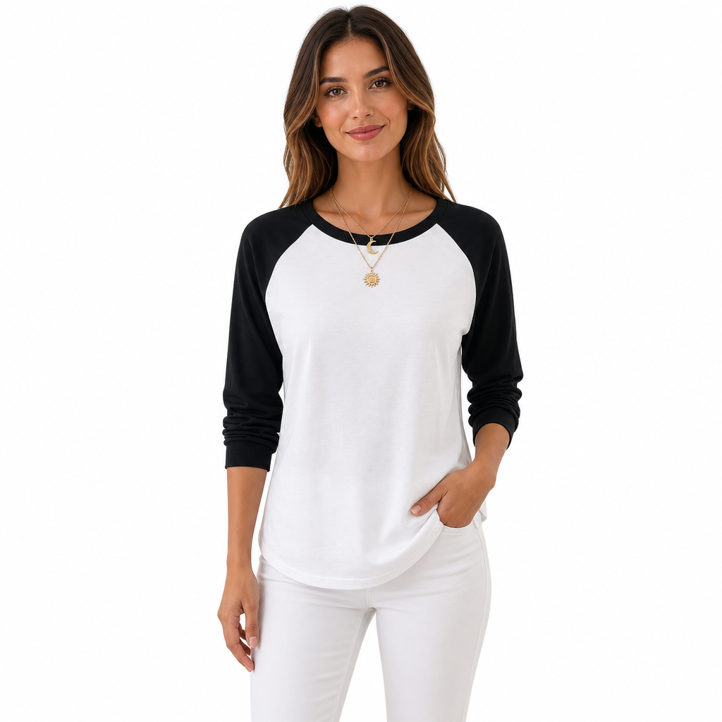 T-shirt décontracté à manches longues et col rond pour femme, haut à pull-over avec blocs de couleurs
