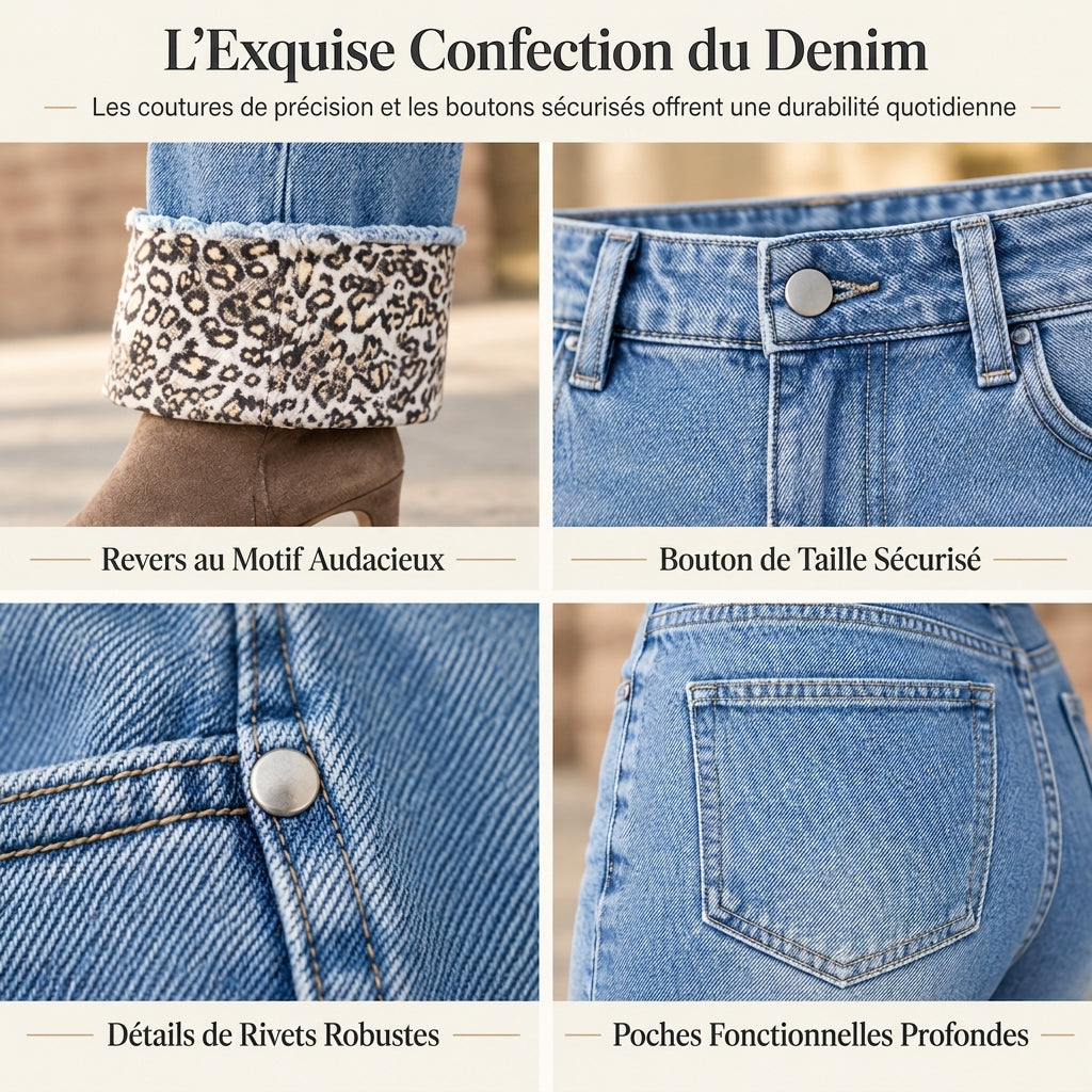 Jeans en denim bleu à imprimé léopard décontracté, lavé et extensible pour femme