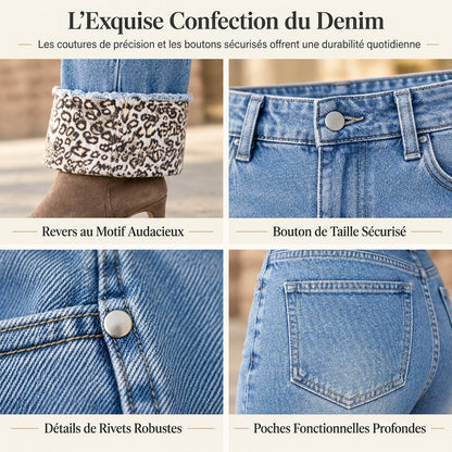 Jeans en denim bleu à imprimé léopard décontracté, lavé et extensible pour femme