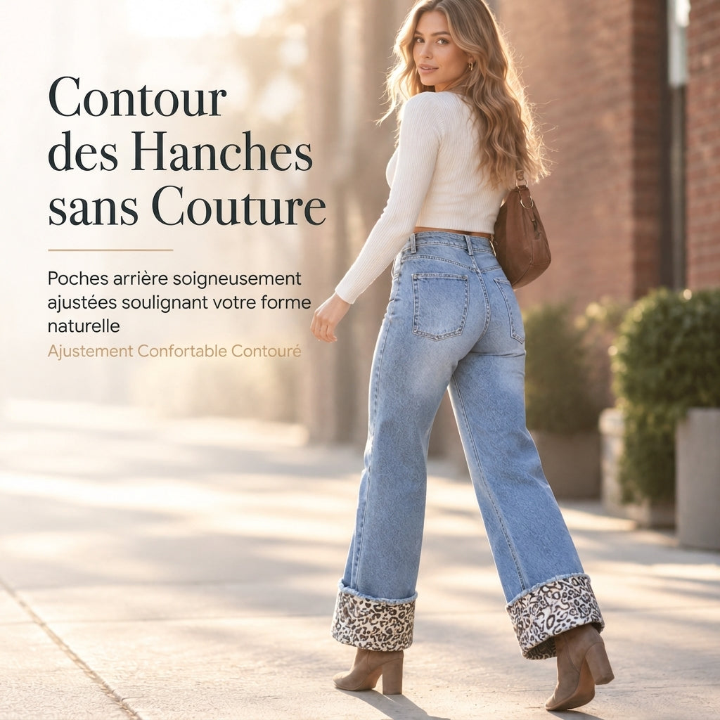 Jeans en denim bleu à imprimé léopard décontracté, lavé et extensible pour femme