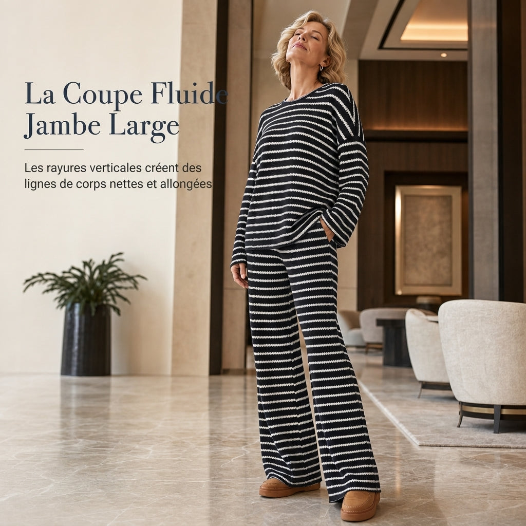 ✨ Ensemble de détente pour femme : haut rayé à col rond et manches longues, pantalon à cordon de serrage, facile à porter au quotidien 🛋️