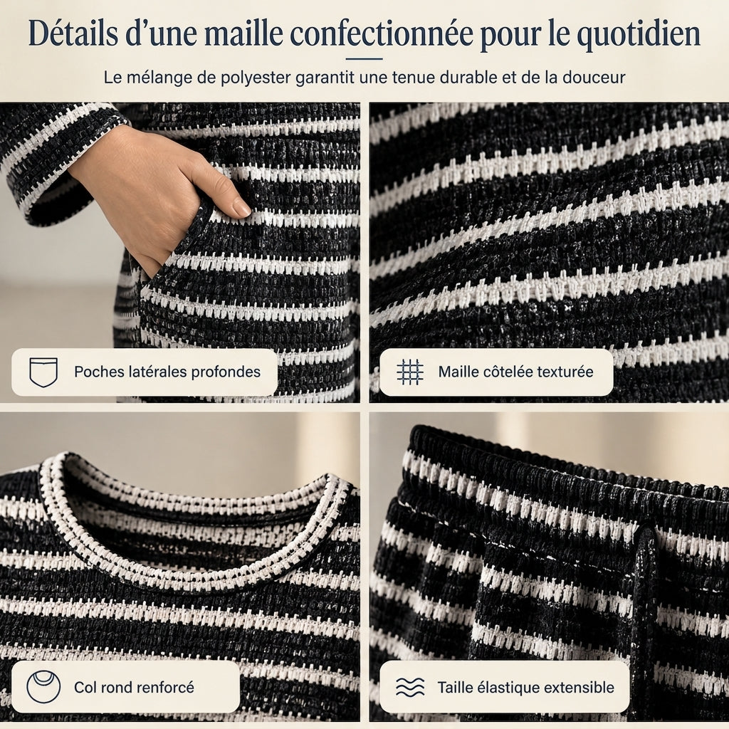 ✨ Ensemble de détente pour femme : haut rayé à col rond et manches longues, pantalon à cordon de serrage, facile à porter au quotidien 🛋️