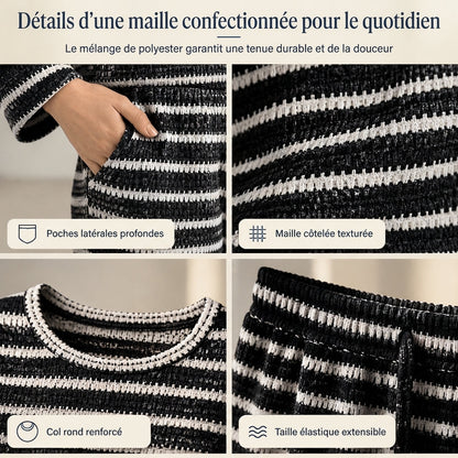 ✨ Ensemble de détente pour femme : haut rayé à col rond et manches longues, pantalon à cordon de serrage, facile à porter au quotidien 🛋️