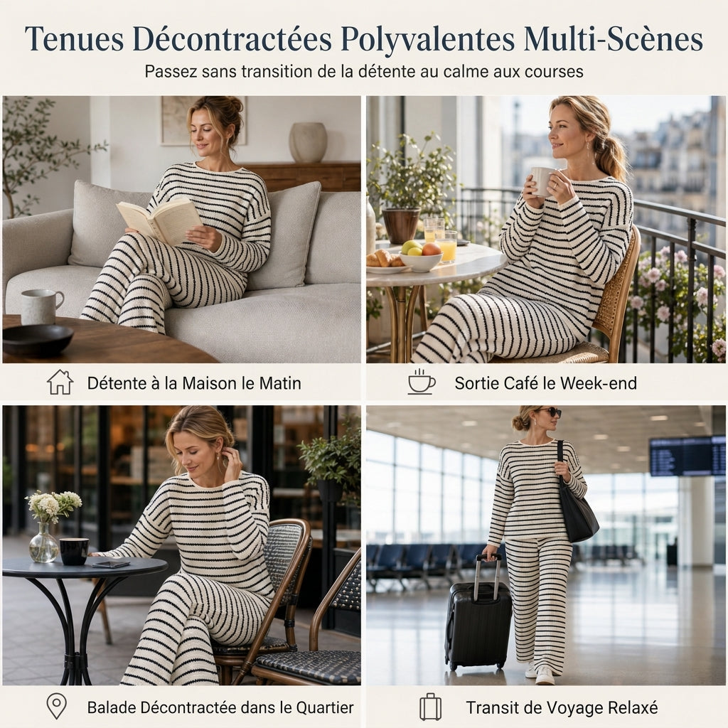 ✨ Ensemble de détente pour femme : haut rayé à col rond et manches longues, pantalon à cordon de serrage, facile à porter au quotidien 🛋️