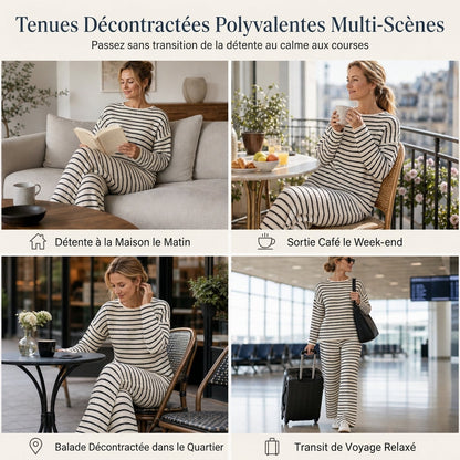 ✨ Ensemble de détente pour femme : haut rayé à col rond et manches longues, pantalon à cordon de serrage, facile à porter au quotidien 🛋️