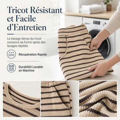 ✨ Ensemble de détente pour femme : haut rayé à col rond et manches longues, pantalon à cordon de serrage, facile à porter au quotidien 🛋️