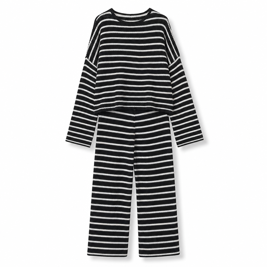 ✨ Ensemble de détente pour femme : haut rayé à col rond et manches longues, pantalon à cordon de serrage, facile à porter au quotidien 🛋️