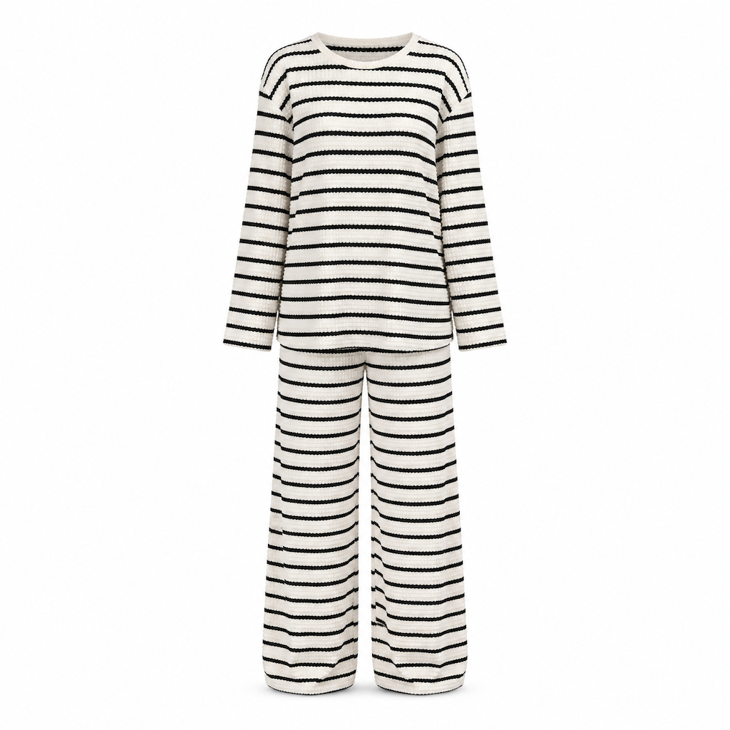 ✨ Ensemble de détente pour femme : haut rayé à col rond et manches longues, pantalon à cordon de serrage, facile à porter au quotidien 🛋️