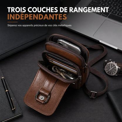 Étui ceinture pour téléphone portable en cuir véritable pour homme, holster multifonction avec passante de ceinture, mini pochette à bandoulière