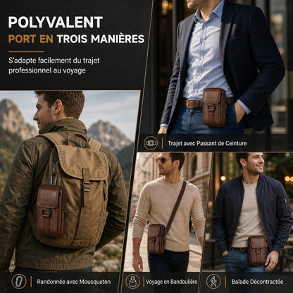 Étui ceinture pour téléphone portable en cuir véritable pour homme, holster multifonction avec passante de ceinture, mini pochette à bandoulière