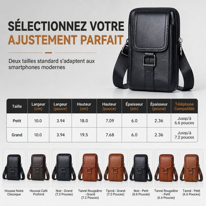 Étui ceinture pour téléphone portable en cuir véritable pour homme, holster multifonction avec passante de ceinture, mini pochette à bandoulière