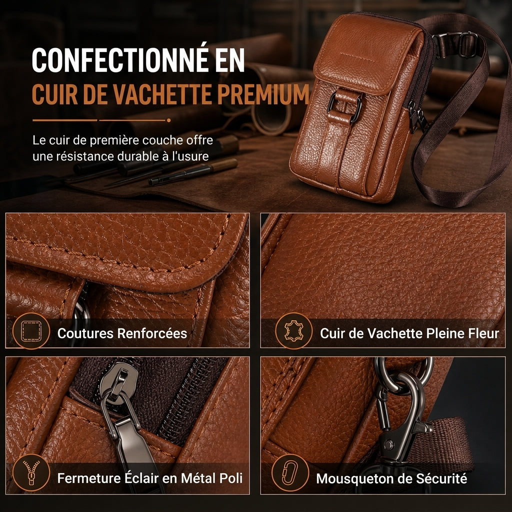 Étui ceinture pour téléphone portable en cuir véritable pour homme, holster multifonction avec passante de ceinture, mini pochette à bandoulière
