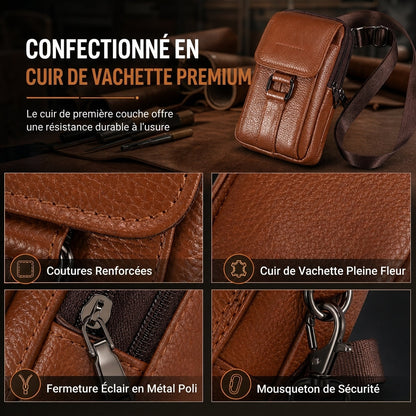 Étui ceinture pour téléphone portable en cuir véritable pour homme, holster multifonction avec passante de ceinture, mini pochette à bandoulière