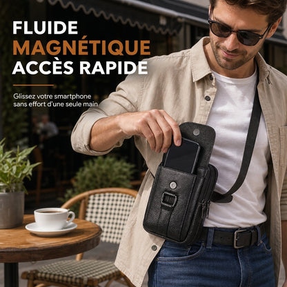Étui ceinture pour téléphone portable en cuir véritable pour homme, holster multifonction avec passante de ceinture, mini pochette à bandoulière