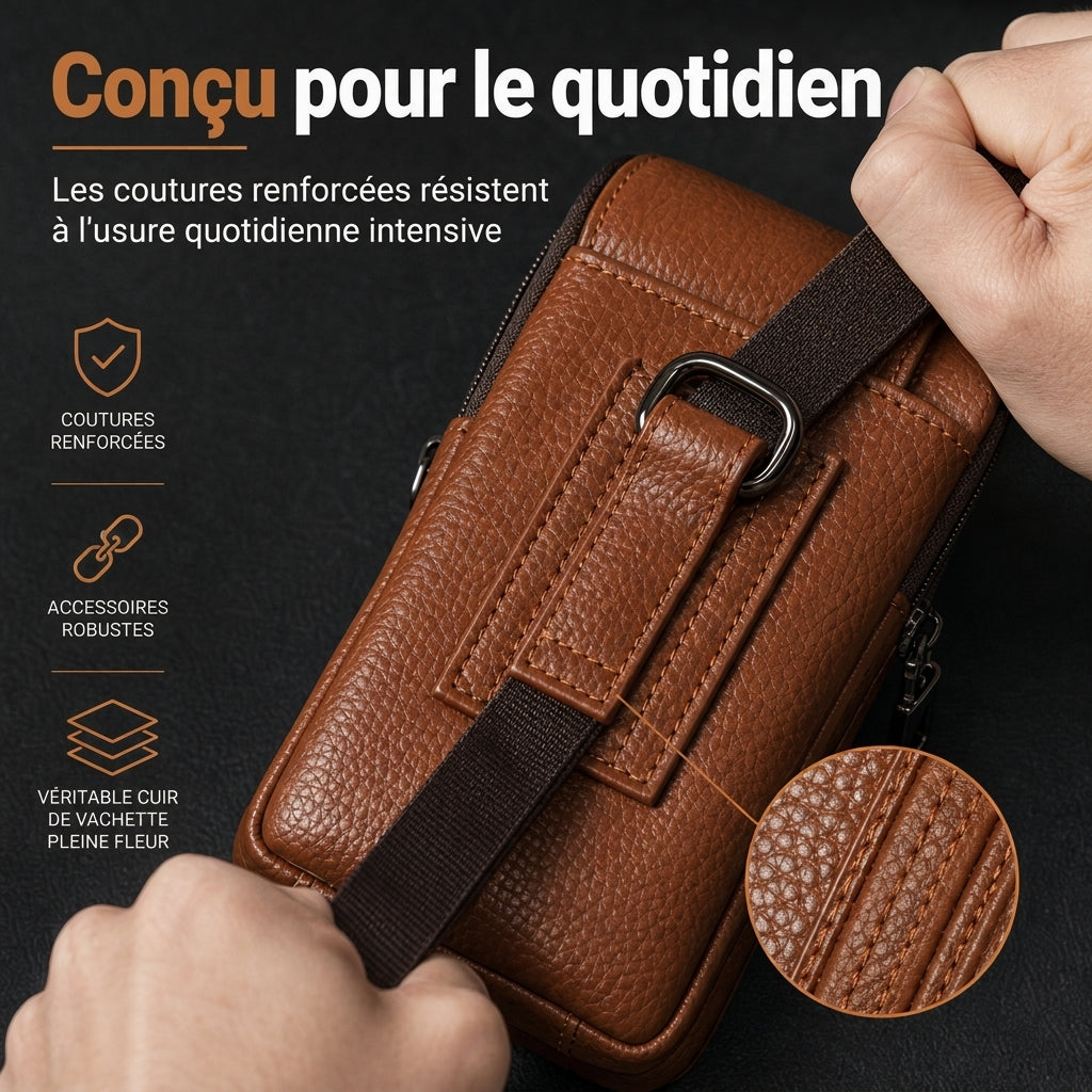 Étui ceinture pour téléphone portable en cuir véritable pour homme, holster multifonction avec passante de ceinture, mini pochette à bandoulière
