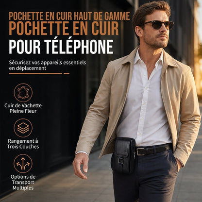 Étui ceinture pour téléphone portable en cuir véritable pour homme, holster multifonction avec passante de ceinture, mini pochette à bandoulière