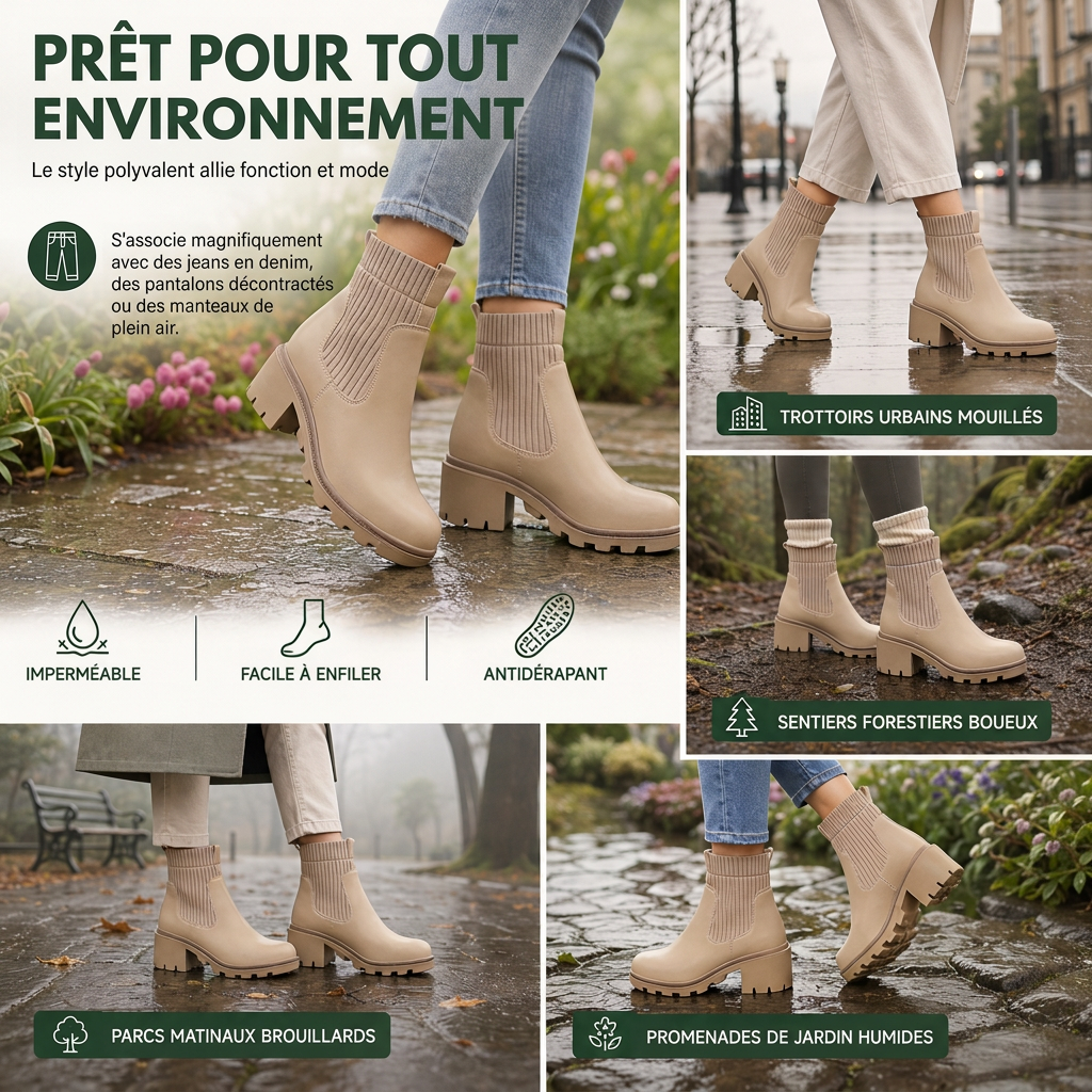 Bottines mode à petit talon pour femme, à bout carré, talon épais, style chaussette