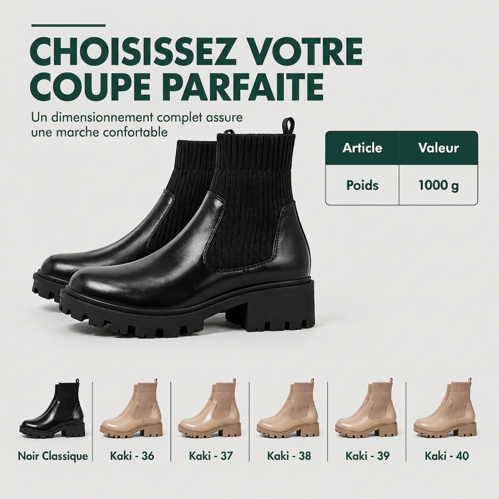 Bottines mode à petit talon pour femme, à bout carré, talon épais, style chaussette