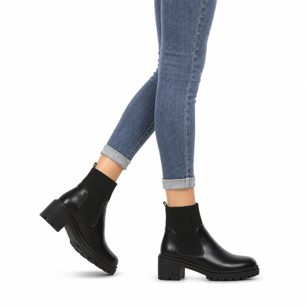 Bottines mode à petit talon pour femme, à bout carré, talon épais, style chaussette