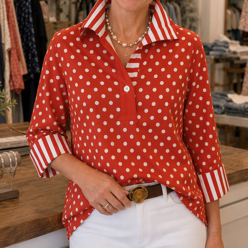 Chemisier femme à pois avec col rayé