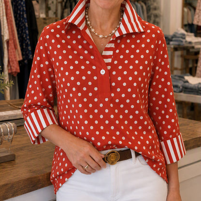 Chemisier femme à pois avec col rayé