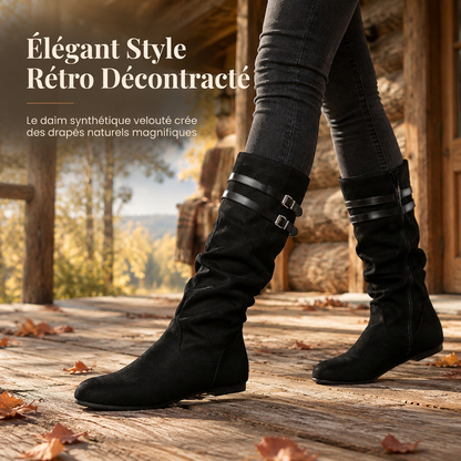 Bottes hautes genouillères femme rétro en daim slouchy confortables à semelle plate et double boucle