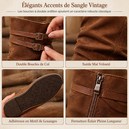 Bottes hautes genouillères femme rétro en daim slouchy confortables à semelle plate et double boucle