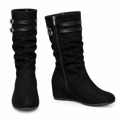 Bottes hautes genouillères femme rétro en daim slouchy confortables à semelle plate et double boucle