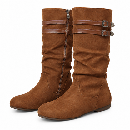 Bottes hautes genouillères femme rétro en daim slouchy confortables à semelle plate et double boucle
