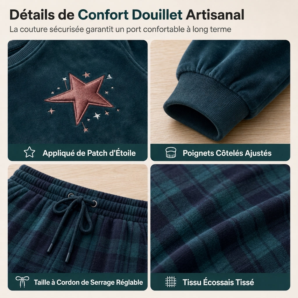 Ensemble de maison deux pièces avec haut vert à manches longues et pantalon vert à carreaux