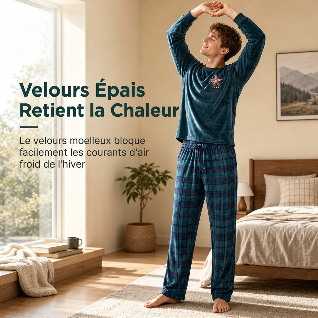 Ensemble de maison deux pièces avec haut vert à manches longues et pantalon vert à carreaux