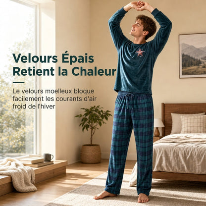 Ensemble de maison deux pièces avec haut vert à manches longues et pantalon vert à carreaux