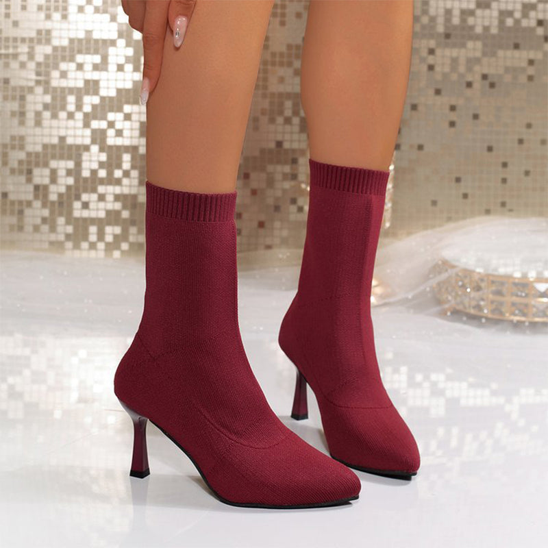 Bottes Femme élégantes à Bout Pointu et Talon Aiguille en Maille