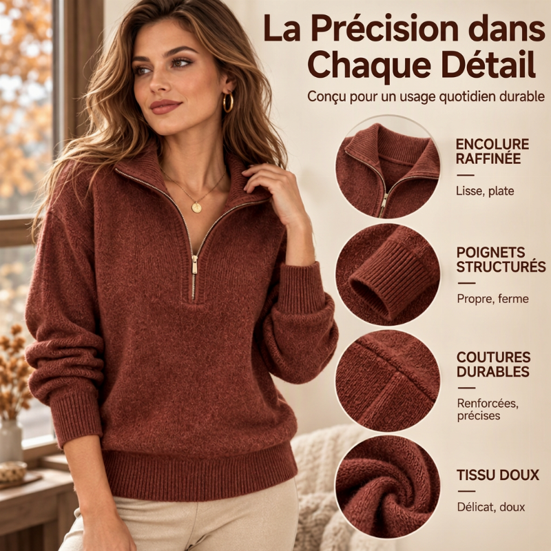 Pull femme décontracté à col demi-zippé et couleur unie