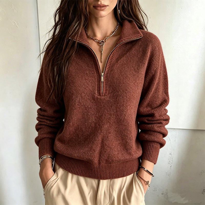 Pull femme décontracté à col demi-zippé et couleur unie