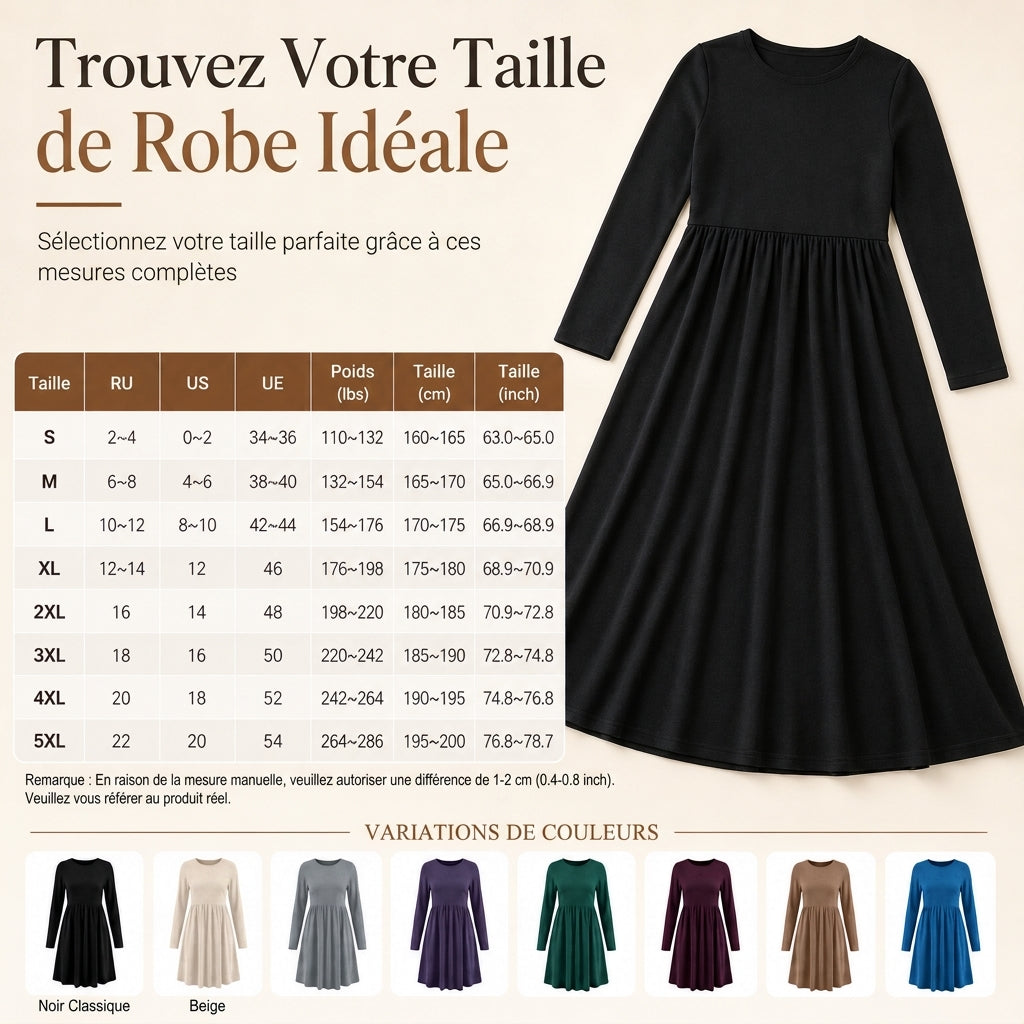 Robe à manches longues, col rond, de couleur unie, de coupe décontractée et ample pour femme
