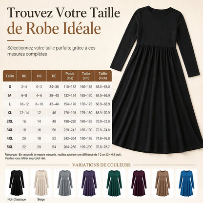 Robe à manches longues, col rond, de couleur unie, de coupe décontractée et ample pour femme