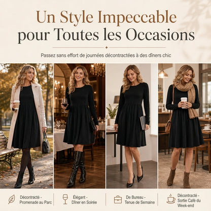 Robe à manches longues, col rond, de couleur unie, de coupe décontractée et ample pour femme