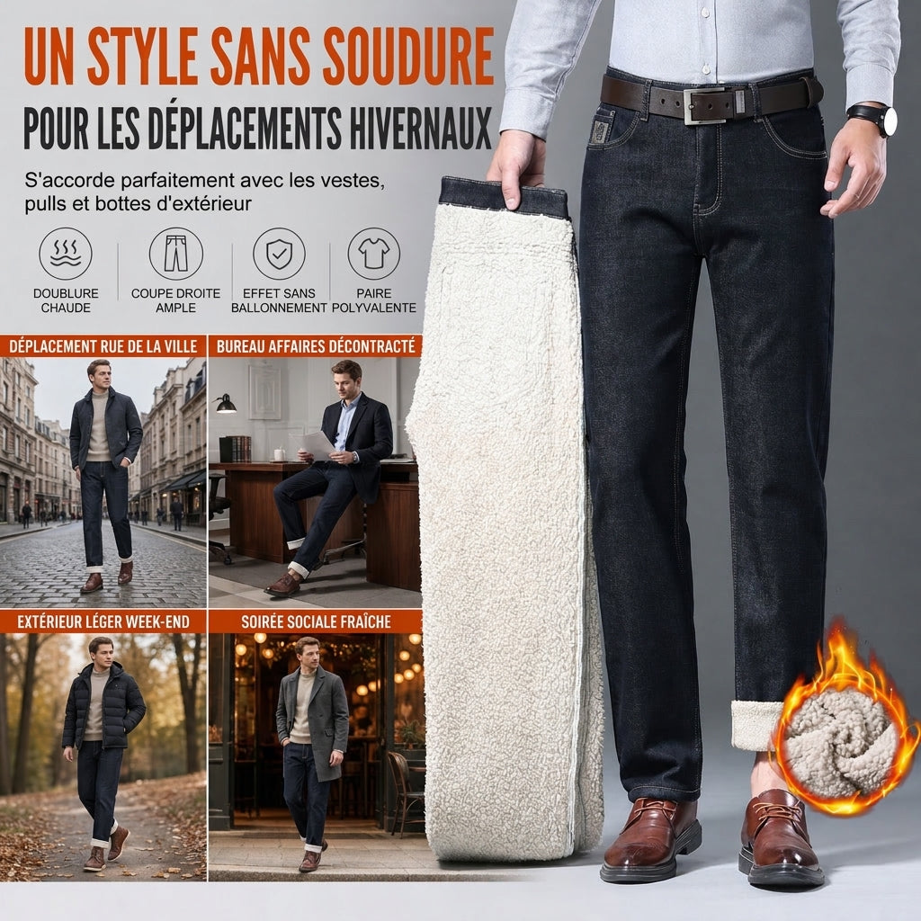 Jean Homme Hiver Doublure Chaude, Coupe Droite Ample, Pantalon en Jean Décontracté