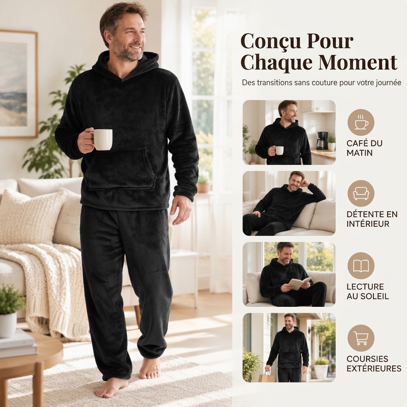 Ensemble 2 pièces : Sweat à capuche en peluche pour homme et pantalon
