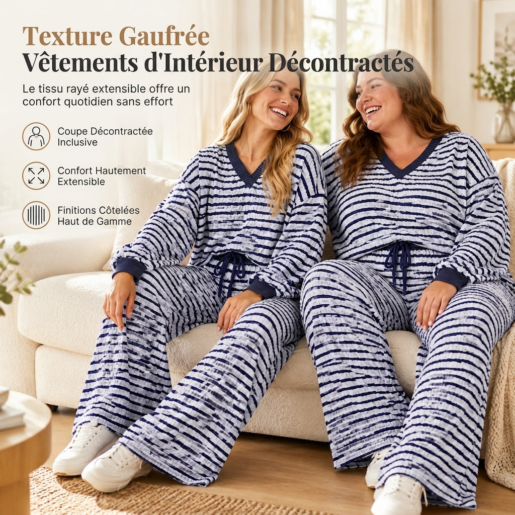 Ensemble de détente décontracté rayé pour femme, haut à manches longues et col V et pantalon à jambe large, deux pièces, coupe détendue