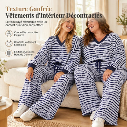 Ensemble de détente décontracté rayé pour femme, haut à manches longues et col V et pantalon à jambe large, deux pièces, coupe détendue