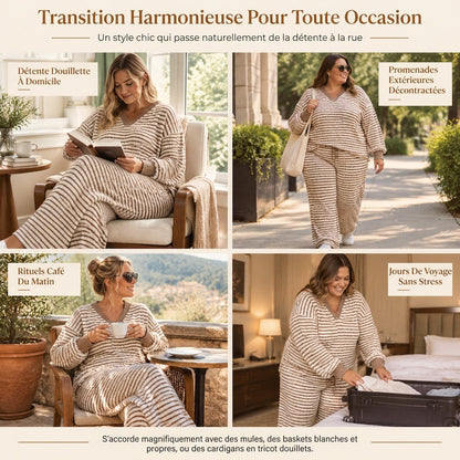 Ensemble de détente décontracté rayé pour femme, haut à manches longues et col V et pantalon à jambe large, deux pièces, coupe détendue