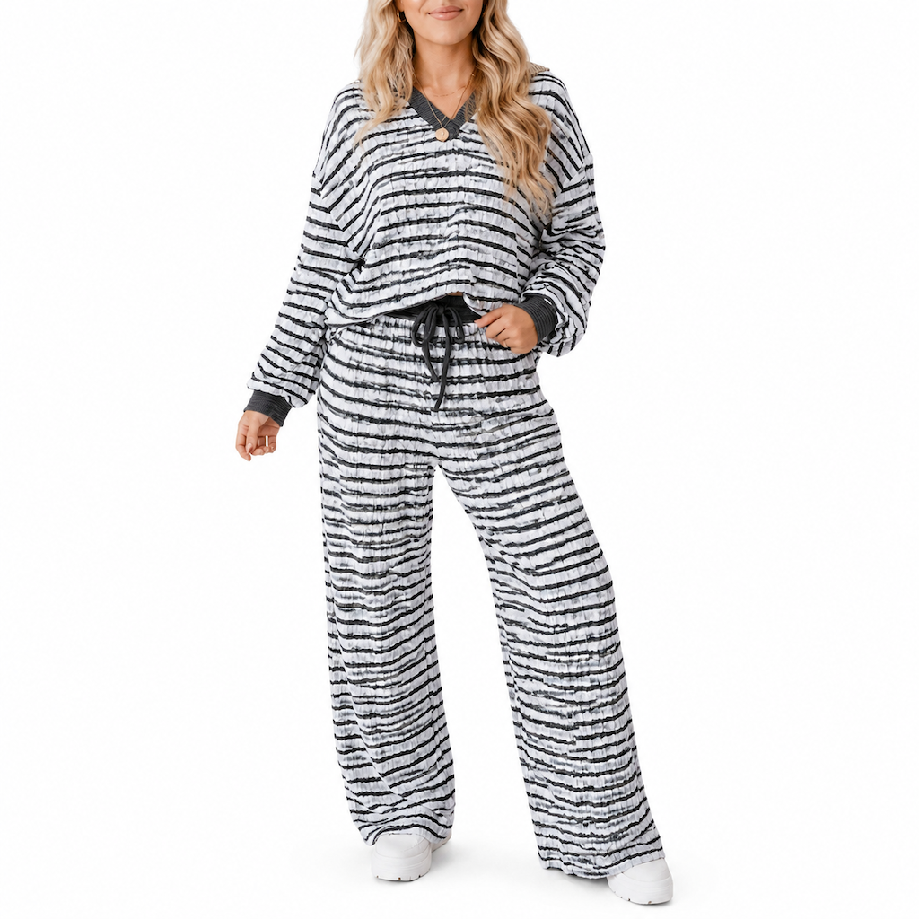 Ensemble de détente décontracté rayé pour femme, haut à manches longues et col V et pantalon à jambe large, deux pièces, coupe détendue